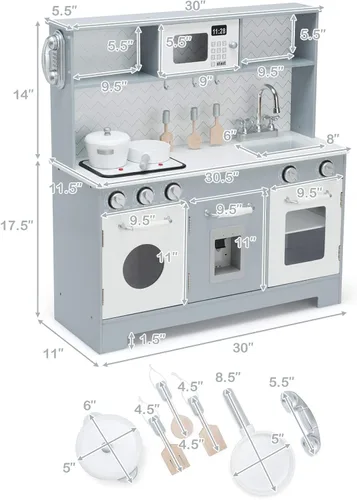 Vista 6 de Costzon Juego de Cocina para Niños, Set de Juego de Cocina de Madera de Simulación con Estufa, Refrigerador, Microondas, Fregadero Removible