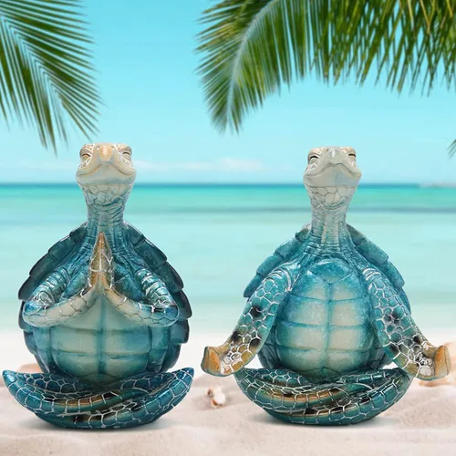 Vista 2 de Juego de 2 figuras de yoga de tortuga marina – Decoración de tortuga meditadora de verano para jardín de primavera, decoración de oficina en casa