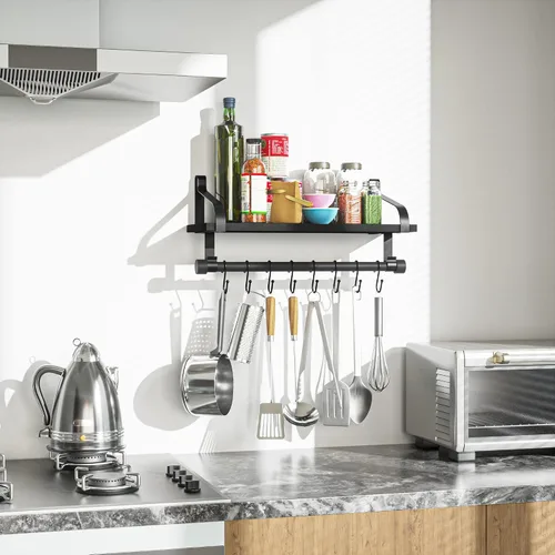Vista 4 de Love-KANKEI Estantería flotante de pared de madera rústica para almacenamiento, estante de especias de cocina con barra para toallas y 8 ganchos