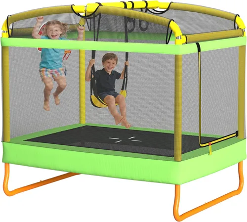 Vista 9 de LANGXUN Trampolín rectangular de 6 pies para niños, trampolín 5 en 1, aprobado por ASTM para interiores y exteriores, mini trampolín con red de Azul