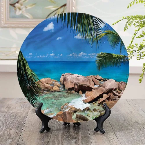 Vista 2 de Placa de exhibición de cerámica, placa decorativa colgante de cerámica turquesa, Palm Tree Coastline, 7 pulgadas, placa de cerámica personalizada