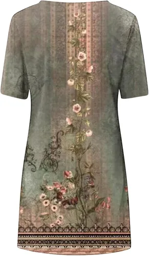 Vista 5 de Mini vestido de verano con estampado floral bohemio para mujer, cuello en V, vintage, acampanado, vestido de playa con hombros descubiertos y manga