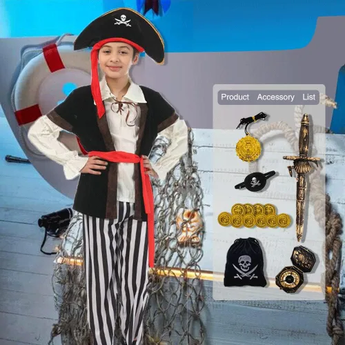 Vista 4 de Qingzhuan Disfraz de pirata para niños, disfraz para niños con sombreros, accesorios de pirata, disfraz para Halloween, fiesta de piratas