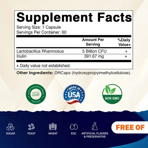 Vista 2 de Vitamatic Lactobacillus Rhamnosus 5 mil millones por cápsula DR (10 mil millones por 2 cápsulas) – 60 unidades – Apoyo digestivo avanzado e