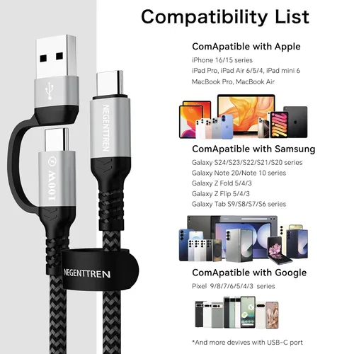 Vista 6 de Cable USB C a C 2 en 1 de 100 W (6 pies, paquete de 2), cable de carga rápida 5A tipo A a C, cable de carga USB C trenzado de nailon para iPhone 16