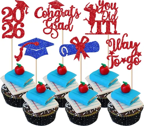 Vista 61 de Paquete de 24 adornos para cupcakes de clase de 2026 con purpurina 2026 para diploma de graduación 2026, selecciones para cupcakes para graduación