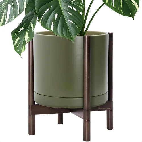 Vista 27 de D'vine Dev Maceta de cerámica con soporte de ébano – Maceta redonda moderna de 8 pulgadas con soporte para maceta de madera, color negro, 55-B-M-2