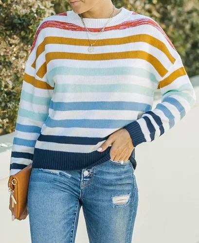 Vista 2 de ZESICA Women's 2023 Fall Long Sleeve Crew Neck Striped Color Block Casual Loose Knitted Pullover Sweater Tops