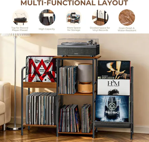 Vista 4 de Qlearsoul Soporte para discos de vinilo, mesa para tocadiscos de 3 niveles con almacenamiento izquierdo y derecho para sala de estar y dormitorio