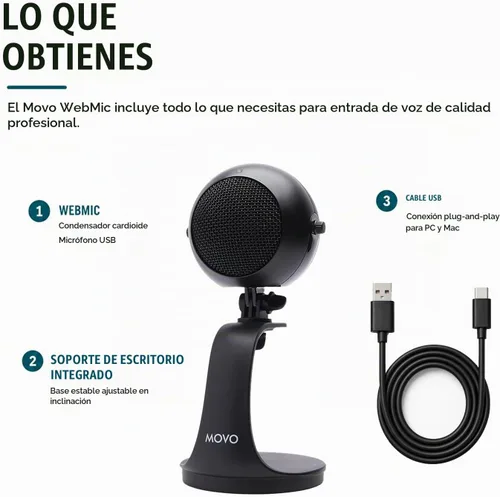 Vista 9 de Micrófono USB Movo WebMic para codificación IA, indicaciones de voz y dictados Negro