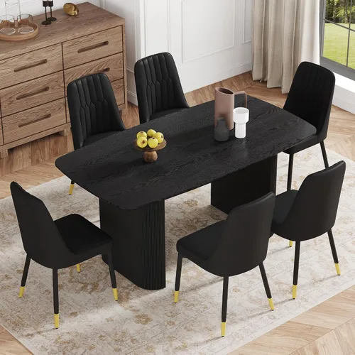 Vista 24 de Juego de mesa de comedor moderno para 4, juego de mesa de comedor negro de 67 pulgadas con mesa ovalada de madera de 3.5 pulgadas de grosor y base