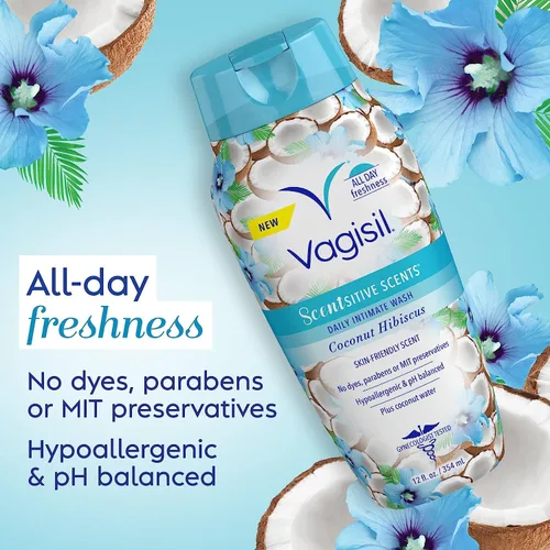 Vista 2 de Vagisil Jabón de Lavado Femenino para Higiene del Área Íntima, Aromas Sensibles, pH Equilibrado y Probado por Ginecólogos, Coco Hibisco, 12 onzas