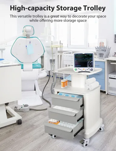 Vista 6 de Carrito móvil para escáner portátil de imágenes por ultrasonido, carrito de almacenamiento de belleza, 110 libras, carga con 3 cajones, 4 ruedas