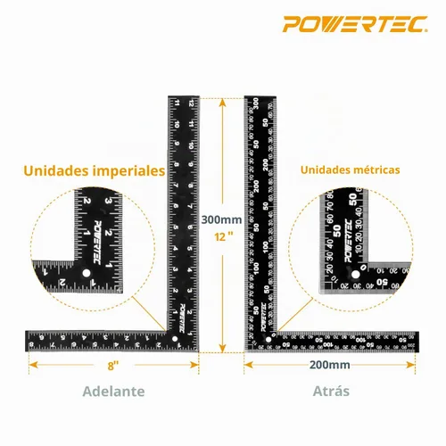 Vista 2 de POWERTEC Escuadra de encuadre, escuadra de carpintero de acero de 16 x 24 pulgadas con tablas de caballetes, herramientas de encuadre y regla