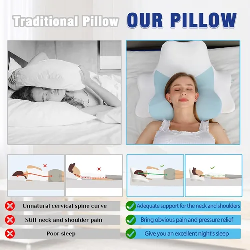 Vista 6 de Almohada de cuello de espuma viscoelástica para dolor de cuello y hombros, almohada ergonómica para dormir boca abajo, almohada de apoyo cervical