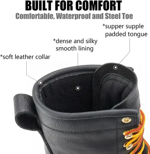 Vista 5 de SUREWAY Men's 8" Waterproof Steel-Toe Logger Work Boot Oil/Slip Resistant,Full Grain Leather,Rubber Sole,EH Rated
