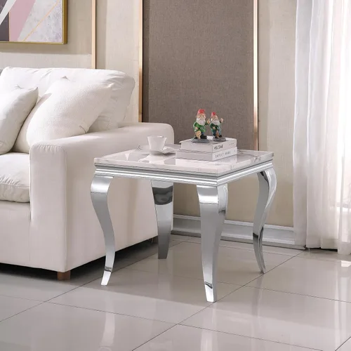 Vista 10 de Mesa de centro moderna, mesa central rectangular de mármol sintético blanco de 47 pulgadas, mesa de té de cóctel con acabado espejo dorado, base
