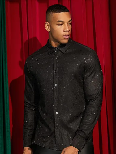Vista 3 de WDIRARA Camisa de manga larga con botones de purpurina transparente para hombre