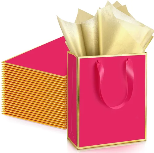 Vista 29 de Yeaqee Paquete de 24 bolsas de regalo de papel metálico con asa y tejido de 9 x 7 x 3.1 pulgadas, papel de aluminio dorado, bolsas de agradecimiento
