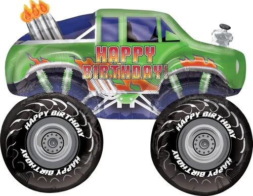 Vista 2 de Monster Truck Rally - Suministros para fiestas de cumpleaños, ramo de globos, 3 camiones