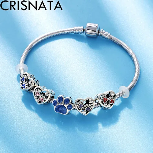 Vista 4 de CRISNATA Dijes con estampado de patas de cachorro con cristal Brithstone, plata de ley 925, cuentas de corazón con estampado de patas, se adapta a