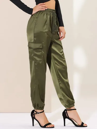 Vista 4 de Allegra K Pantalones deportivos de satén de otoño para mujer, con cordón elástico, cintura alta, satén sedoso y brillante