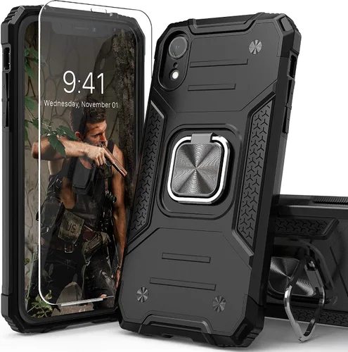 Vista 17 de Funda protectora ligera para iPhone Xs con protector de pantalla, absorción de golpes, resistente a prueba de caídas con soporte para automóvil
