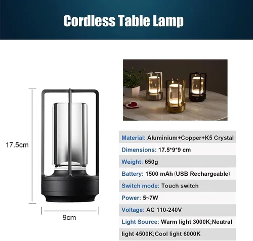 Vista 3 de Lámpara de cristal, lámpara de mesa, lámpara de farol de cristal, 3 colores, luces LED inalámbricas recargables para luces de restaurante, plateado