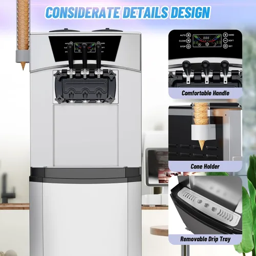 Vista 5 de Takywep 2200W Commercial Soft Serve Ice Cream Machine – 3 Flavors – 5.8-8 Gal/Hr – Vertical Stainless Steel Maker – LCD Touch Panel – Auto Clean