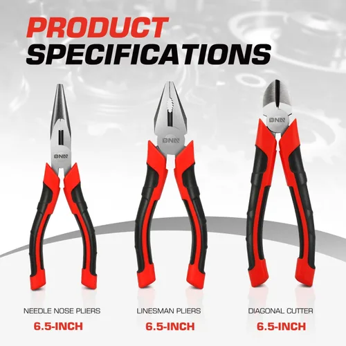 Vista 2 de DNA Motoring TOOLS-00063 - Juego de alicates de 3 piezas, alicates Linesman de 6.5 pulgadas con mandíbulas duraderas, dientes fresados, junta