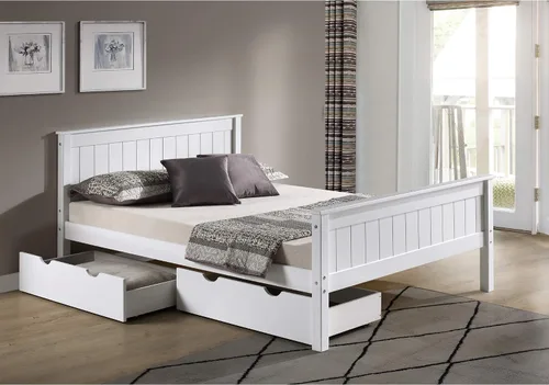 Vista 2 de Harmony - Cama de plataforma de madera tamaño matrimonial, blanco, dormitorio juvenil, pino brasileño (Pinus Taeda y Pinus Elliottis), cabecero