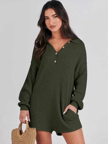 Vista 2 de ANRABESS Enterizo de suéter para mujer, trajes de otoño 2023, a la moda, largo, Henley, cuello en V, overol de punto para descansar