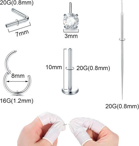 Vista 3 de Xpircn Anillo de labio de acero inoxidable con circonita cúbica, 20G, 18G, 16G, sin rosca, piercing para labio, nariz, hélix, tragus, cartílago