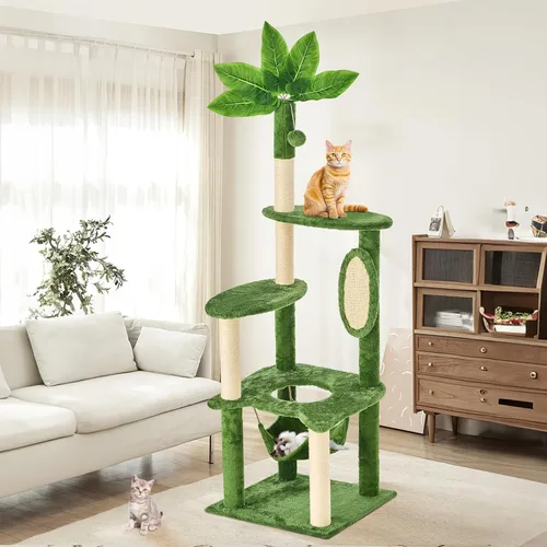 Vista 3 de Árbol para gatos de 61 pulgadas con hojas verdes, torre grande de varios niveles con hamaca, casa de felpa para gatos con juguete de bola colgante
