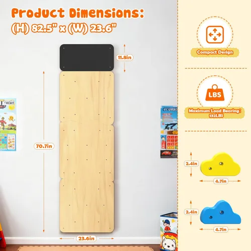 Vista 6 de Pared de escalada de madera para niños, paneles de pared de escalada interior con 12 soportes de roca, juguete de escalada Montessori para sala