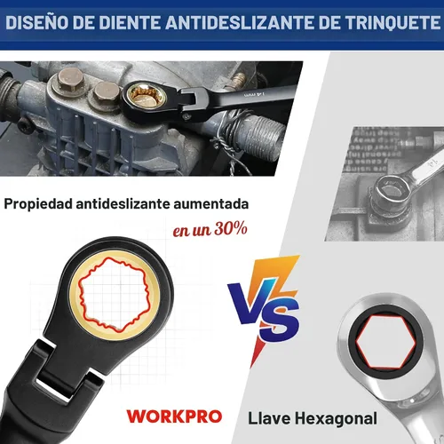Vista 4 de WORKPRO Juego de llaves de trinquete de 22 piezas con cabezal flexible de 180°, diente antideslizante, juegos de llaves combinadas con caja