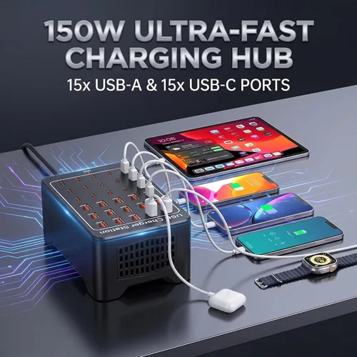 Vista 3 de Estación de carga USB C de 150 W, cargador rápido de múltiples dispositivos de 30 puertos (15 USB-C + 15 USB-A), cargador de escritorio, compatible