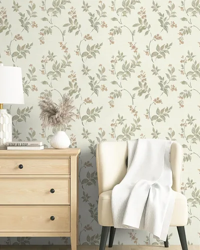 Vista 5 de Vinjiasin Papel tapiz autoadhesivo para despegar y pegar, papel de contacto floral beige, hojas de flores vintage autoadhesivo, papel de pared