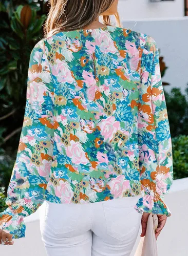 Vista 2 de EVALESS Blusas de gasa sueltas con cuello redondo y manga larga para mujer, estilo bohemio, estampado floral, blusas