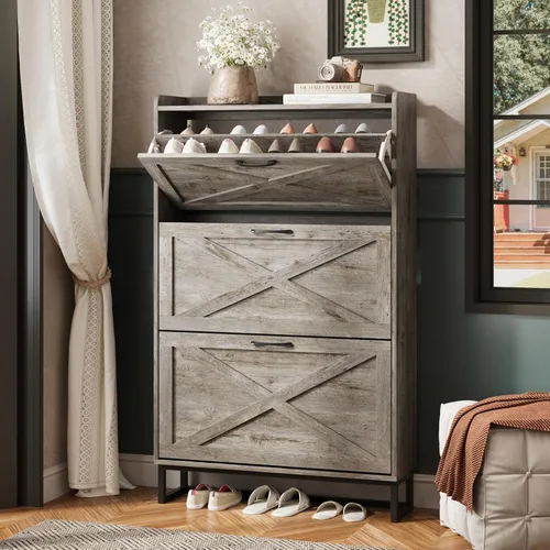 Vista 40 de Maupvit Gabinete de almacenamiento para zapatos con 2 cajones abatibles, organizador independiente con patas de metal para entrada, gabinete Beige