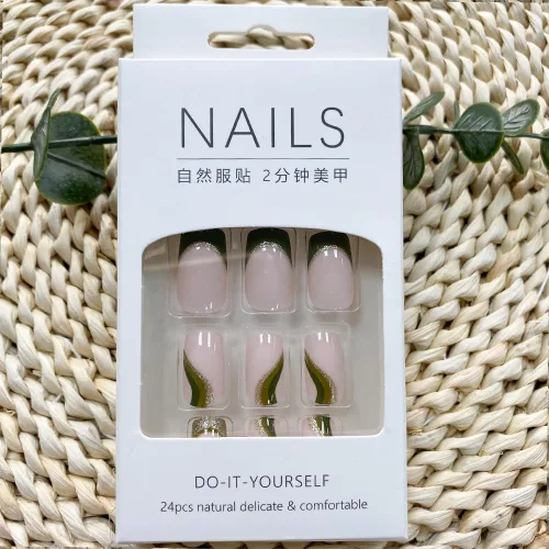Vista 2 de Uñas postizas verdes a presión - Uñas falsas cortas cuadradas con purpurina dorada y diseños de remolino, acabado brillante, uñas postizas acrílicas