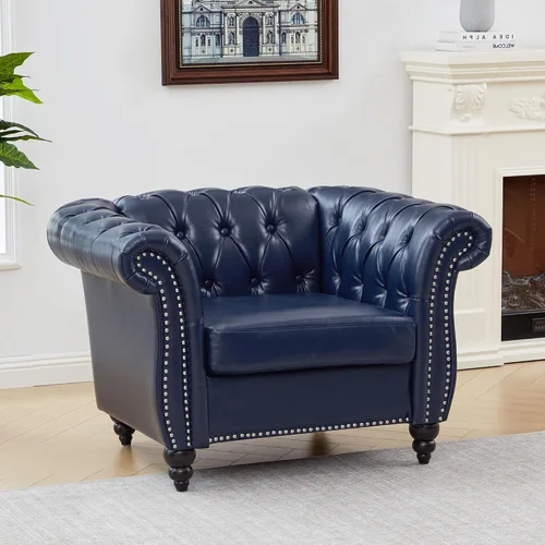 Vista 9 de ORRD Sofá seccional pequeño en forma de L, sofá Chesterfield de cuero copetudo con brazos de desplazamiento y cabeza de clavo para sala de estar