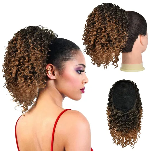 Vista 11 de PEACOCO Cola de caballo afro rizada con cordón para mujeres negras, extensiones de cola de caballo afro de 6 pulgadas, cabello sintético con 2 1b