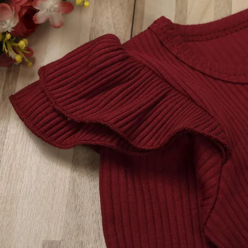 Vista 4 de Ropa para bebé y niña, acanalado, con volantes, manga larga, mameluco, pantalones acampanados, color sólido, otoño, invierno, trajes de 2 piezas