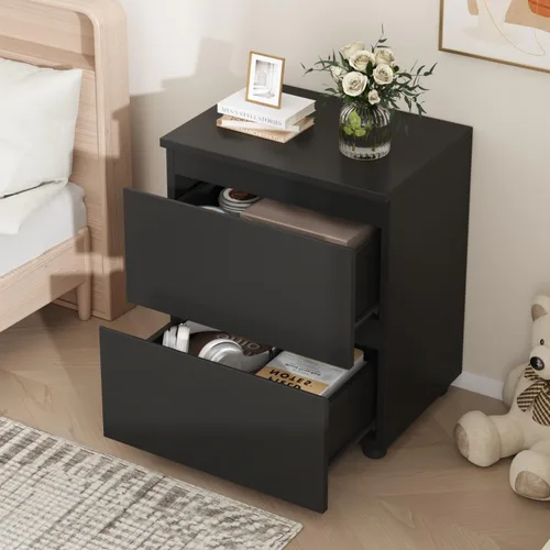 Vista 4 de AGOTENI Juego de 2 mesitas de noche, mesa auxiliar de madera con 2 cajones de almacenamiento para dormitorio, color negro