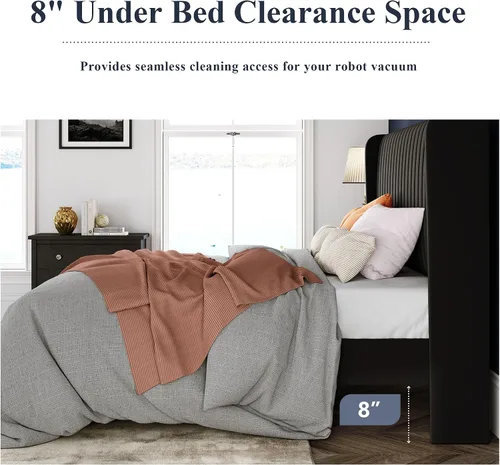 Vista 7 de Allewie - Base de cama tamaño Full con cabecera tapizada en terciopelo y diseño acanalado vertical; plataforma de cama tapizada; listones de madera