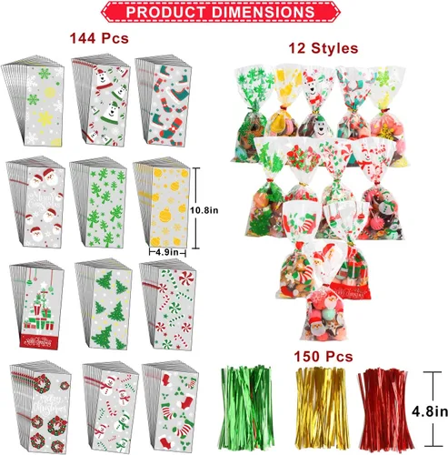 Vista 2 de KIMOBER 144 bolsas de dulces de celofán de Navidad, bolsas de golosinas de celofán con lazos giratorios para suministros de fiesta de Navidad