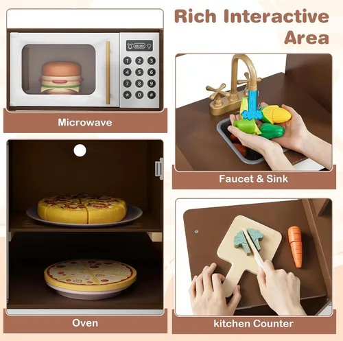 Vista 5 de INFANS Cocina esquinera para niños, juego de madera con carrito telescópico, luces realistas, sonidos, máquina de hielo, cajones de tela, horno
