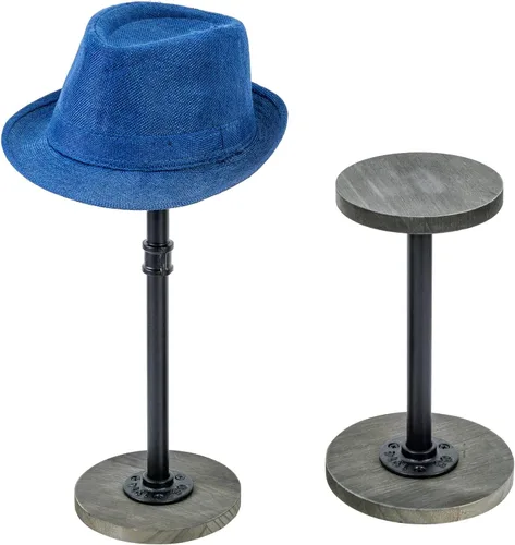 Vista 12 de MyGift 2 soportes para sombreros, perchero para sombreros de vaquero, organizador de gorra de béisbol con tubo de metal industrial, peluca o Madera