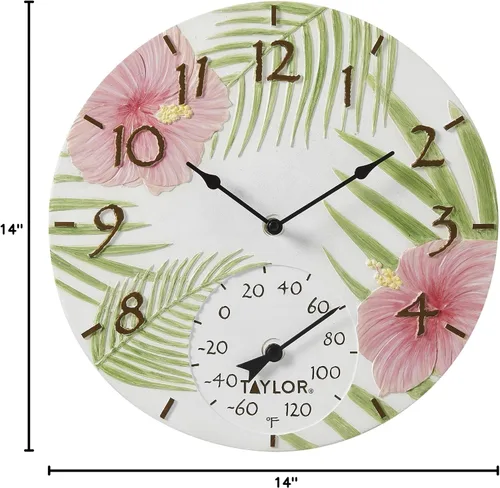 Vista 8 de Taylor Reloj y termómetro de poliresina de hibisco rosa para interiores y exteriores, decoración del hogar para jardín, patio, piscina y áreas